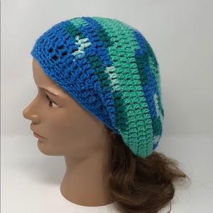 Slouchy beanie hat adult or teen blue green New hand crochet by me